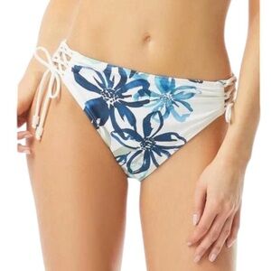 Carmen Marc Valvo White Bikini Bottom Blue Floral Ruched Lace-Up Sides Sz M
